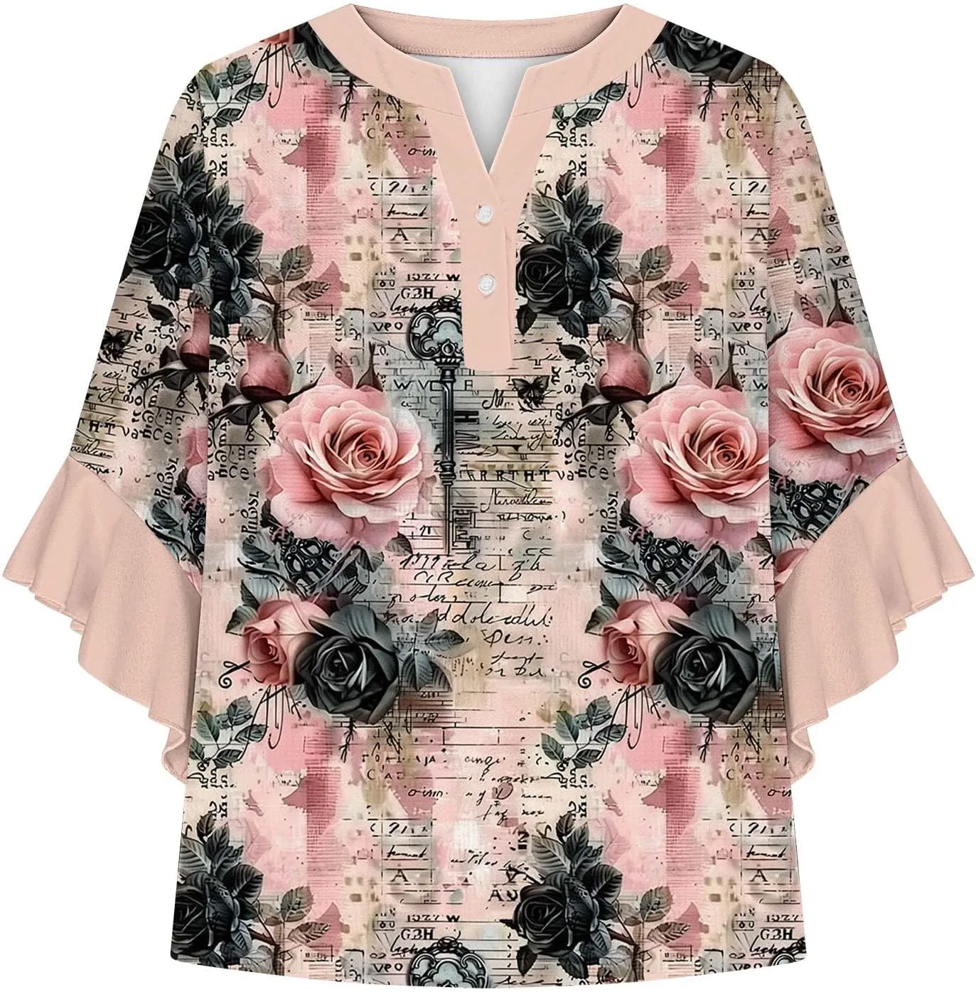 3/4 Length Sleeve Women Tops V Neck Ruffle Shirts Casual Summer Floral Boho Blouses Plus Size Spring Clothes