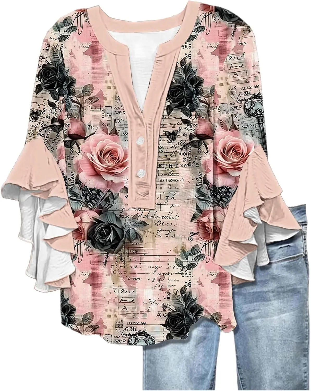 3/4 Length Sleeve Women Tops V Neck Ruffle Shirts Casual Summer Floral Boho Blouses Plus Size Spring Clothes