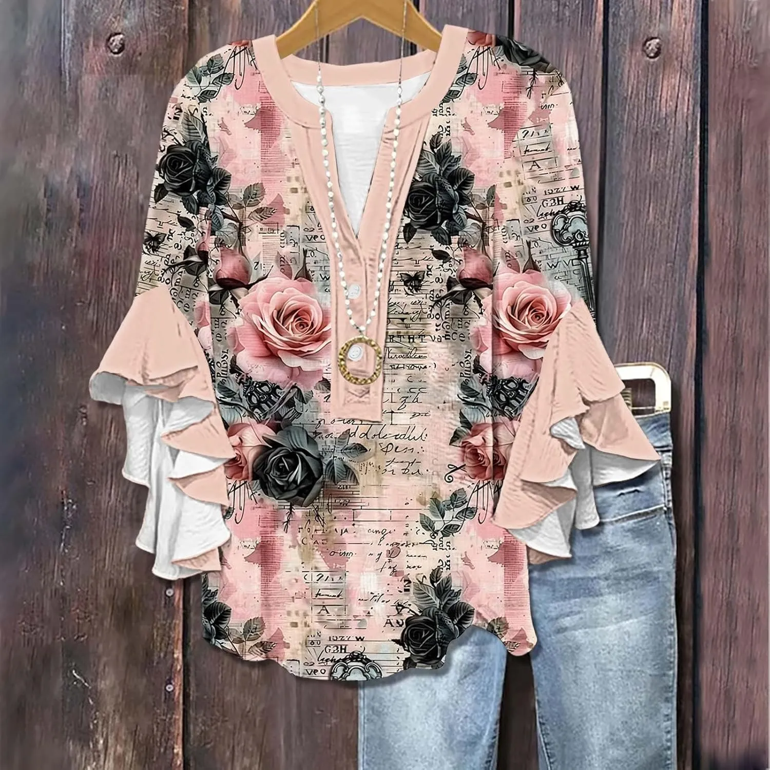 3/4 Length Sleeve Women Tops V Neck Ruffle Shirts Casual Summer Floral Boho Blouses Plus Size Spring Clothes