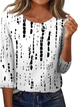 3/4 Length Sleeve Womens Summer Tops 2025 Button Crew Neck Blouses Dressy Casual Loose Fit Floral/Patriotic Shirts