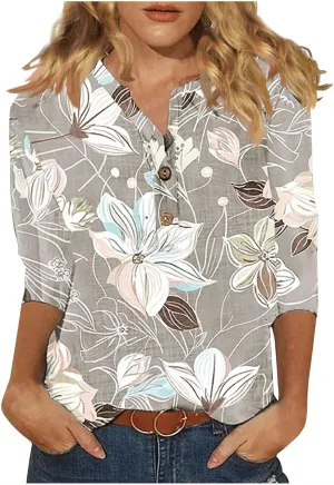 3/4 Sleeve Linen Tops for Women Summer 2024 Dressy Casual Button Down Shirts Boho Floral Print Loose Tunic Blouses