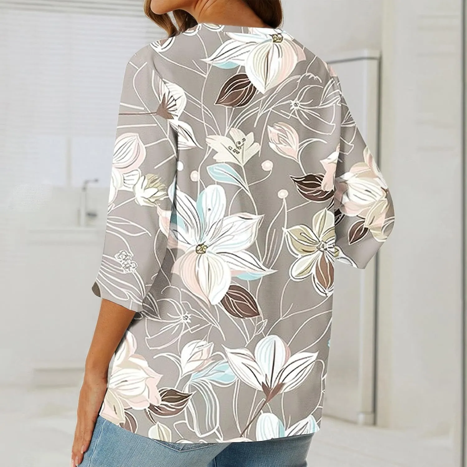 3/4 Sleeve Linen Tops for Women Summer 2024 Dressy Casual Button Down Shirts Boho Floral Print Loose Tunic Blouses