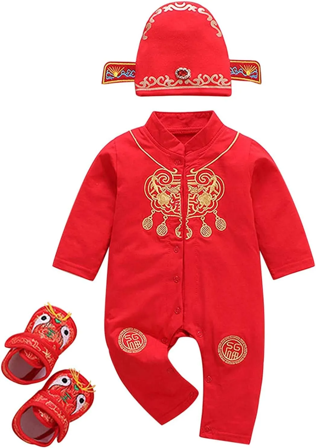 3PC Newborn Baby Girl Boy New Year Tang Suit Red Romper Bodysuit Hat Shoes Outfits