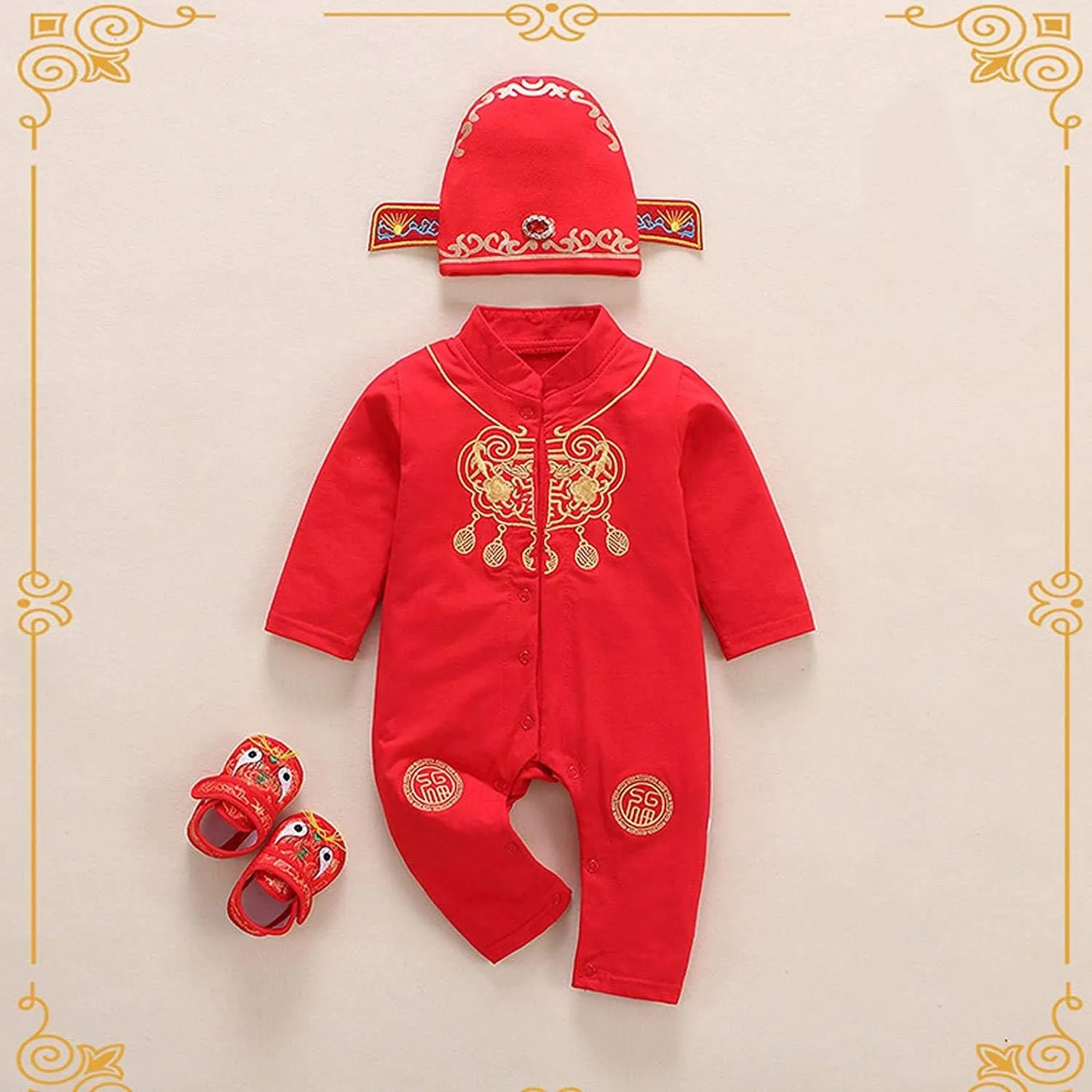 3PC Newborn Baby Girl Boy New Year Tang Suit Red Romper Bodysuit Hat Shoes Outfits