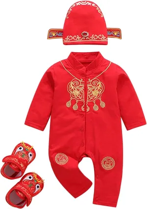 3PC Newborn Baby Girl Boy New Year Tang Suit Red Romper Bodysuit Hat Shoes Outfits