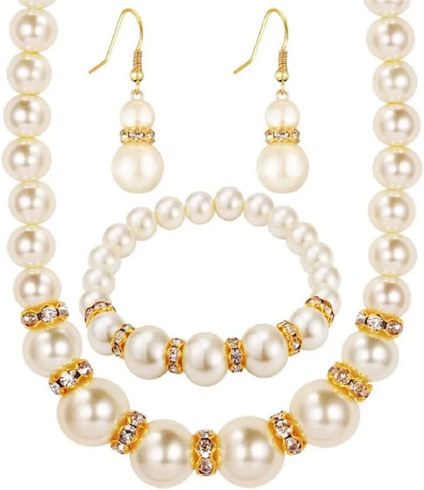 3pcs Pearl Diamonds Jewelry Necklace Earrings Bracelet Handmade Simple Vintage Style Halloween Costume Jewelry Fashion Elegant Prom Party Jewelry Gift for Wedding Bridal Couple