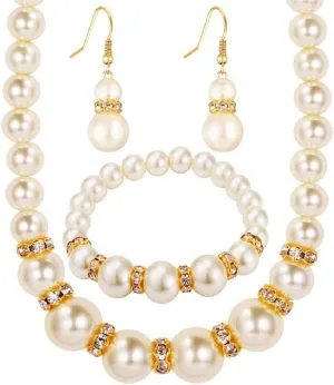 3pcs Pearl Diamonds Jewelry Necklace Earrings Bracelet Handmade Simple Vintage Style Halloween Costume Jewelry Fashion Elegant Prom Party Jewelry Gift for Wedding Bridal Couple