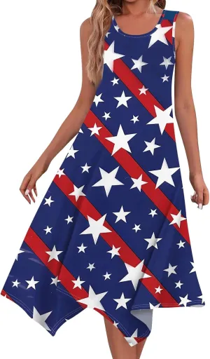 4th of July Sundress for Women American Flag Sleeveless Midi Independence Day Irregular Hem Memorial Day Crewneck Flowy Dress