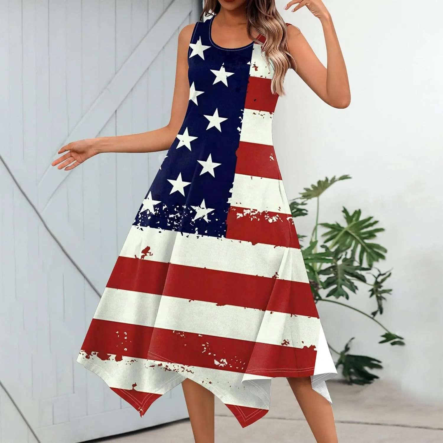 4th of July Sundress for Women American Flag Sleeveless Midi Independence Day Irregular Hem Memorial Day Crewneck Flowy Dress