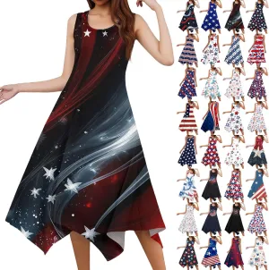 4th of July Sundress for Women American Flag Sleeveless Midi Independence Day Irregular Hem Memorial Day Crewneck Flowy Dress