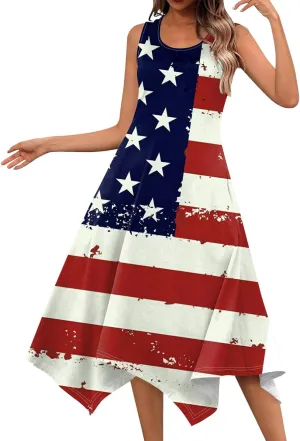 4th of July Sundress for Women American Flag Sleeveless Midi Independence Day Irregular Hem Memorial Day Crewneck Flowy Dress
