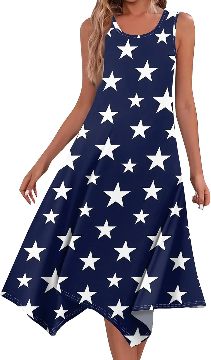 4th of July Sundress for Women American Flag Sleeveless Midi Independence Day Irregular Hem Memorial Day Crewneck Flowy Dress