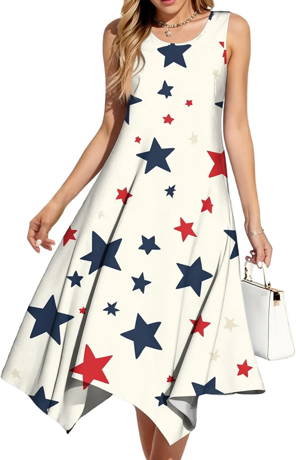 4th of July Sundress for Women American Flag Sleeveless Midi Independence Day Irregular Hem Memorial Day Crewneck Flowy Dress