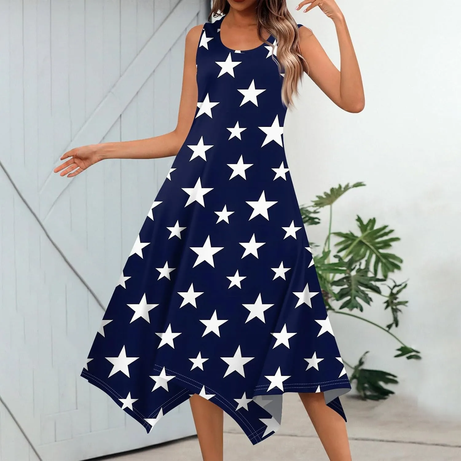 4th of July Sundress for Women American Flag Sleeveless Midi Independence Day Irregular Hem Memorial Day Crewneck Flowy Dress