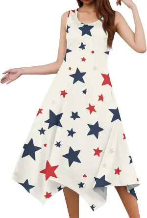 4th of July Sundress for Women American Flag Sleeveless Midi Independence Day Irregular Hem Memorial Day Crewneck Flowy Dress