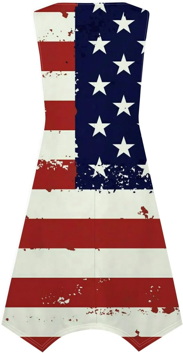4th of July Sundress for Women American Flag Sleeveless Midi Independence Day Irregular Hem Memorial Day Crewneck Flowy Dress