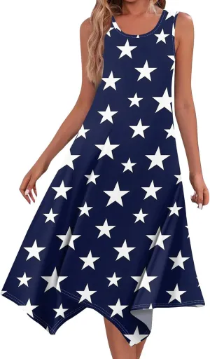 4th of July Sundress for Women American Flag Sleeveless Midi Independence Day Irregular Hem Memorial Day Crewneck Flowy Dress