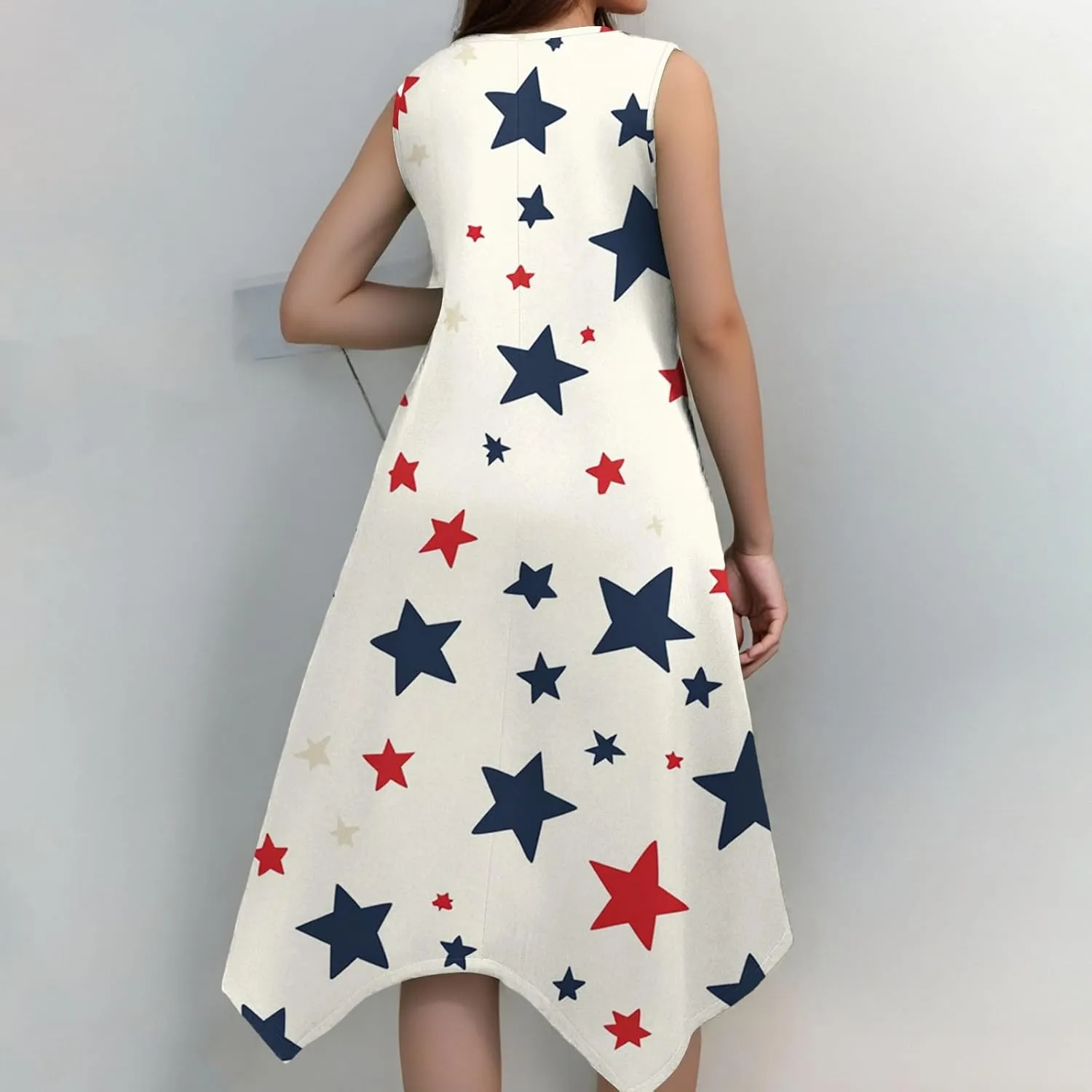 4th of July Sundress for Women American Flag Sleeveless Midi Independence Day Irregular Hem Memorial Day Crewneck Flowy Dress