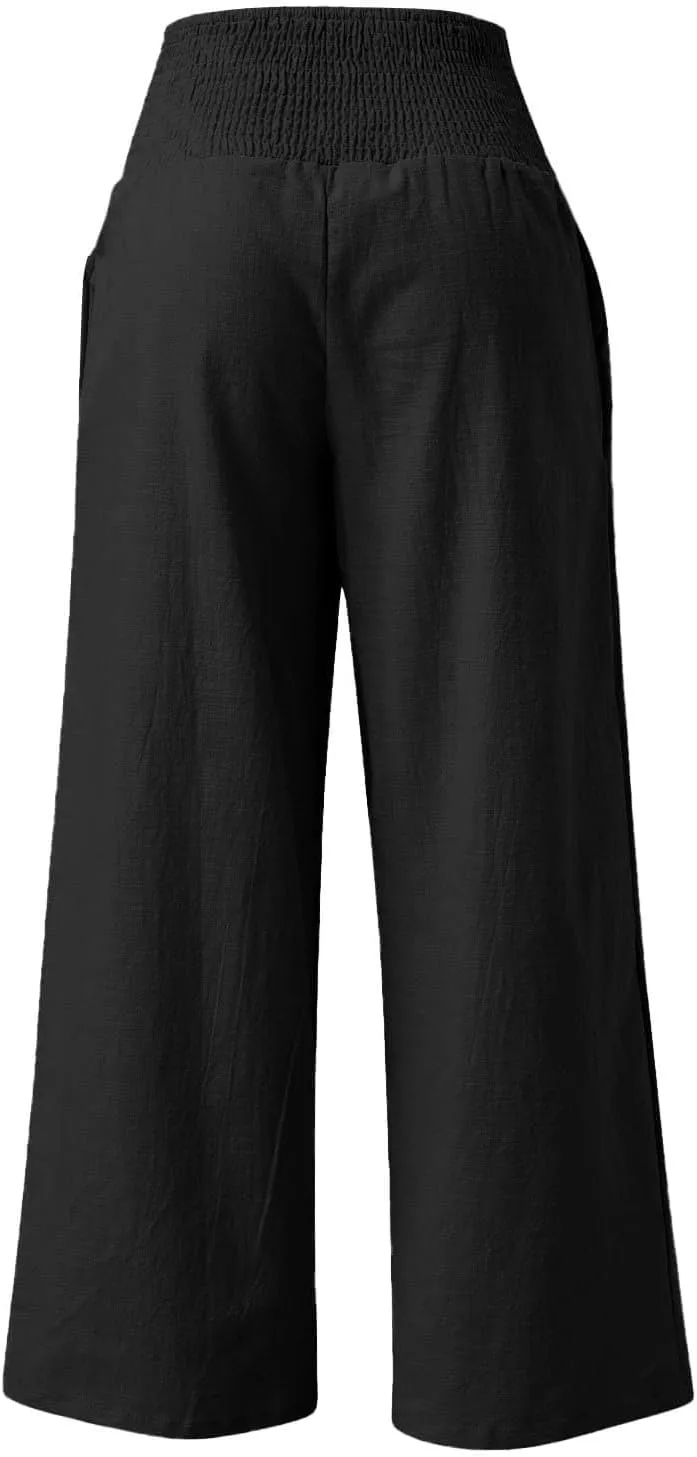 ADHOWBEW Womens Linen Pants 2025 Casual Relaxed Fit Flowy Beach Summer Long Boho Lounge Wide Leg Trousers