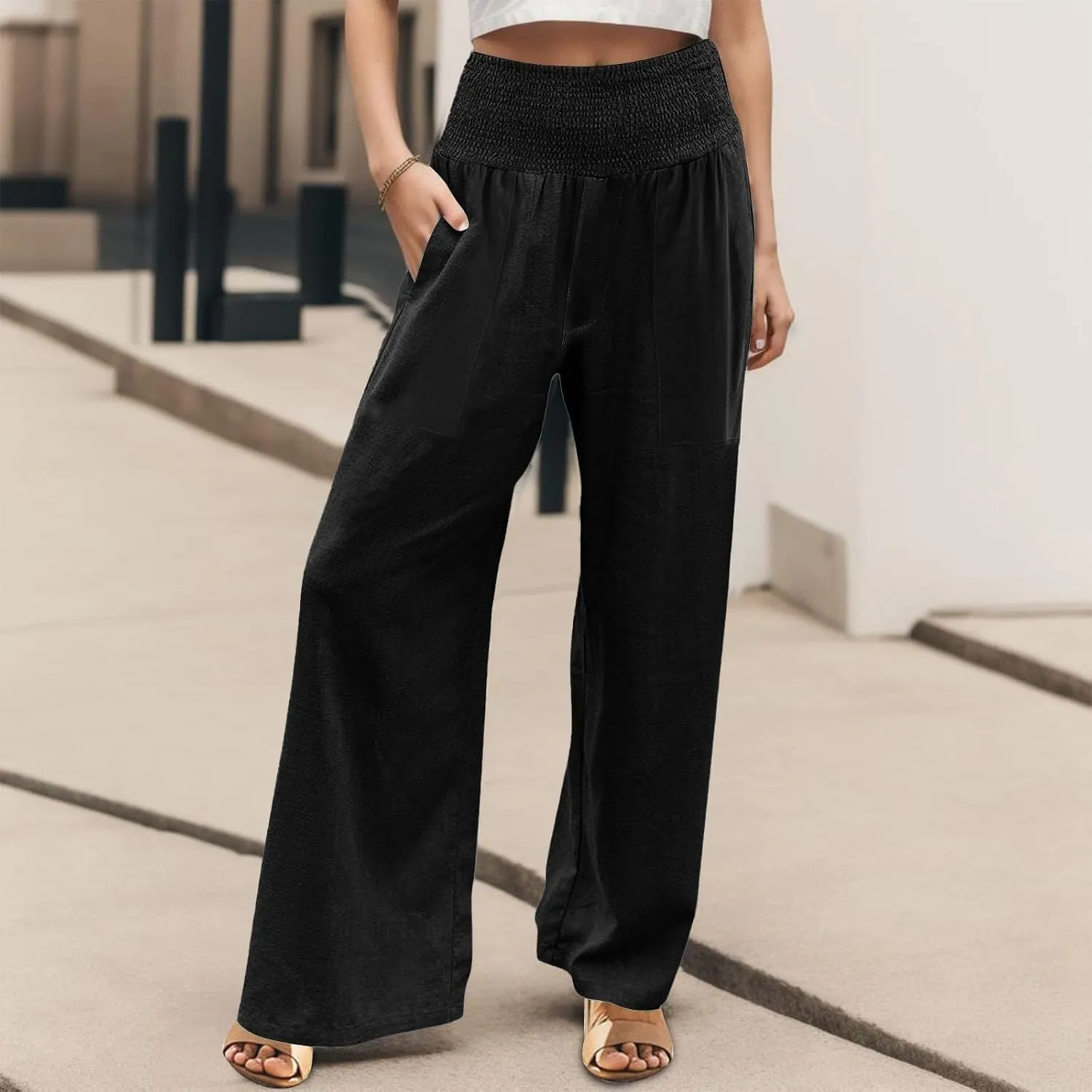 ADHOWBEW Womens Linen Pants 2025 Casual Relaxed Fit Flowy Beach Summer Long Boho Lounge Wide Leg Trousers