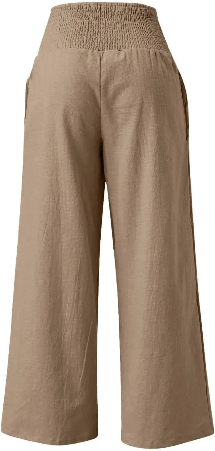 ADHOWBEW Womens Linen Pants 2025 Casual Relaxed Fit Flowy Beach Summer Long Boho Lounge Wide Leg Trousers