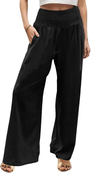 ADHOWBEW Womens Linen Pants 2025 Casual Relaxed Fit Flowy Beach Summer Long Boho Lounge Wide Leg Trousers