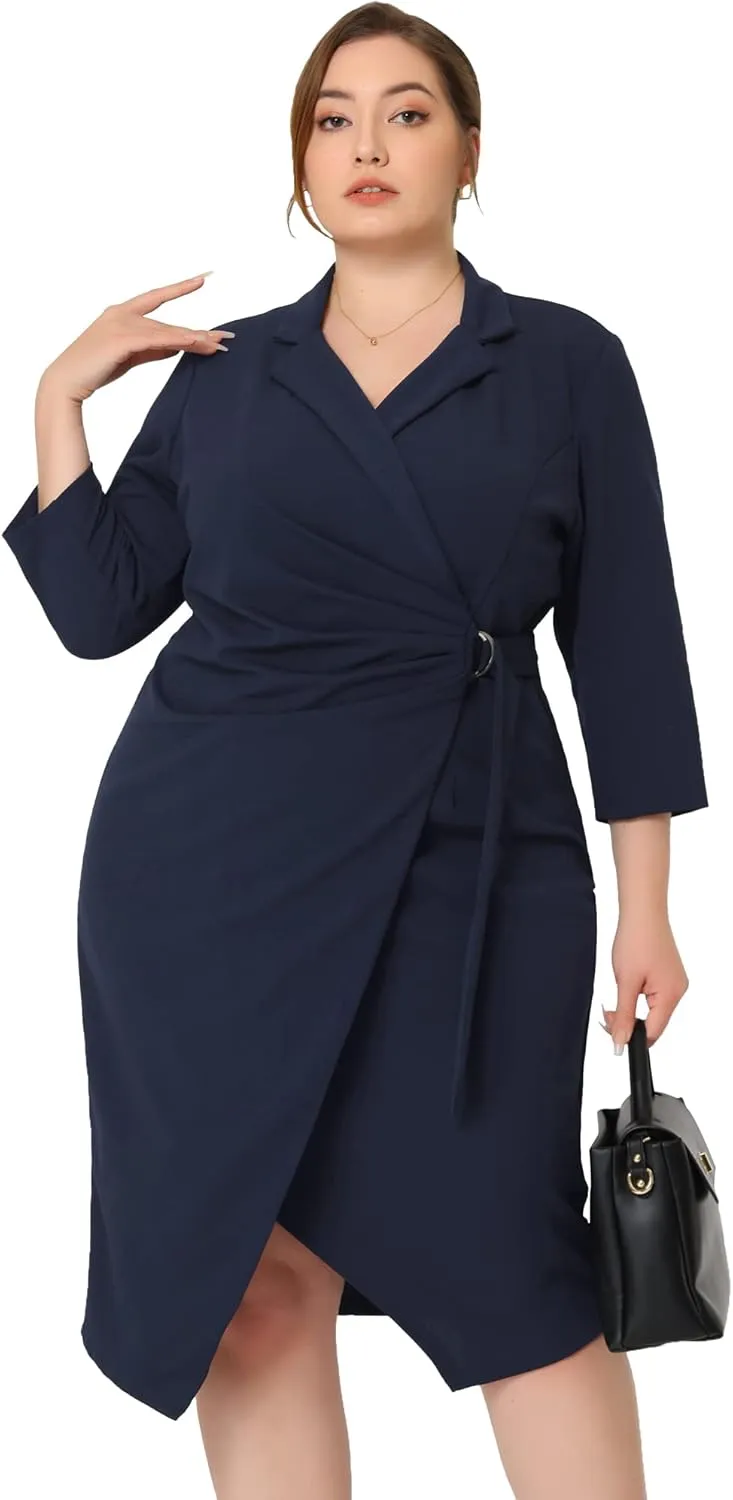 Agnes Orinda Plus Size Faux Wrap Dresses 3/4 Sleeve Notched Lapel Cocktail Evening Party Dress