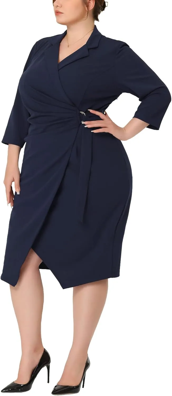 Agnes Orinda Plus Size Faux Wrap Dresses 3/4 Sleeve Notched Lapel Cocktail Evening Party Dress