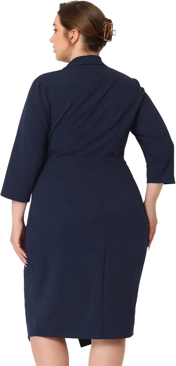 Agnes Orinda Plus Size Faux Wrap Dresses 3/4 Sleeve Notched Lapel Cocktail Evening Party Dress