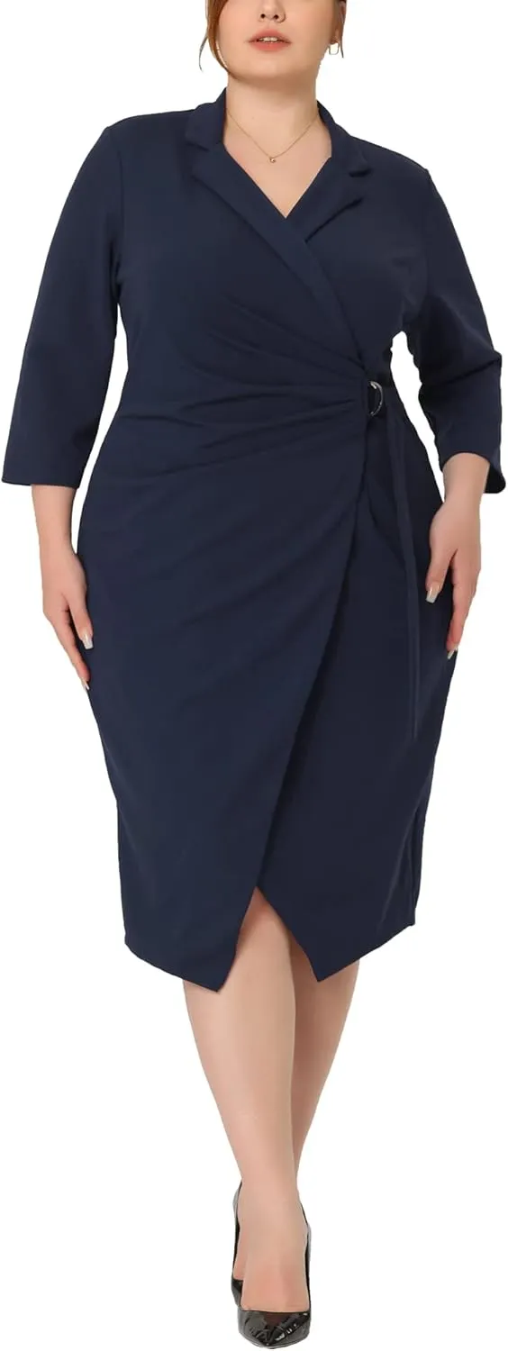 Agnes Orinda Plus Size Faux Wrap Dresses 3/4 Sleeve Notched Lapel Cocktail Evening Party Dress