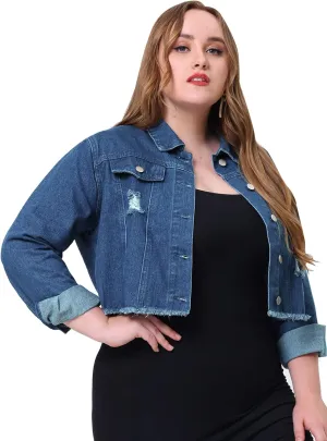 Agnes Orinda Women's Plus Size Denim Jackets Washed Button Front Long Sleeve Ripped Frayed Crop Denim Jacket