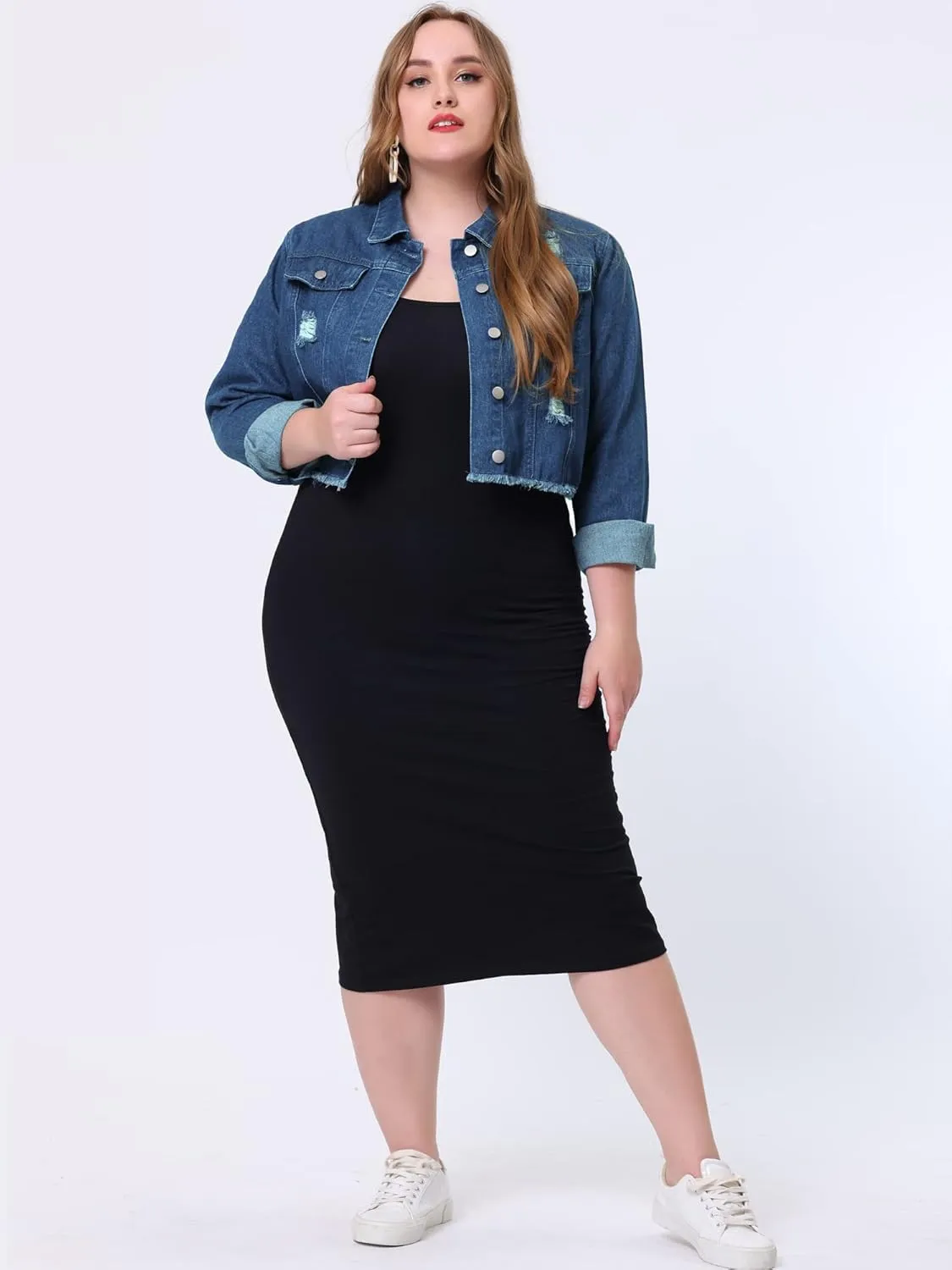 Agnes Orinda Women's Plus Size Denim Jackets Washed Button Front Long Sleeve Ripped Frayed Crop Denim Jacket