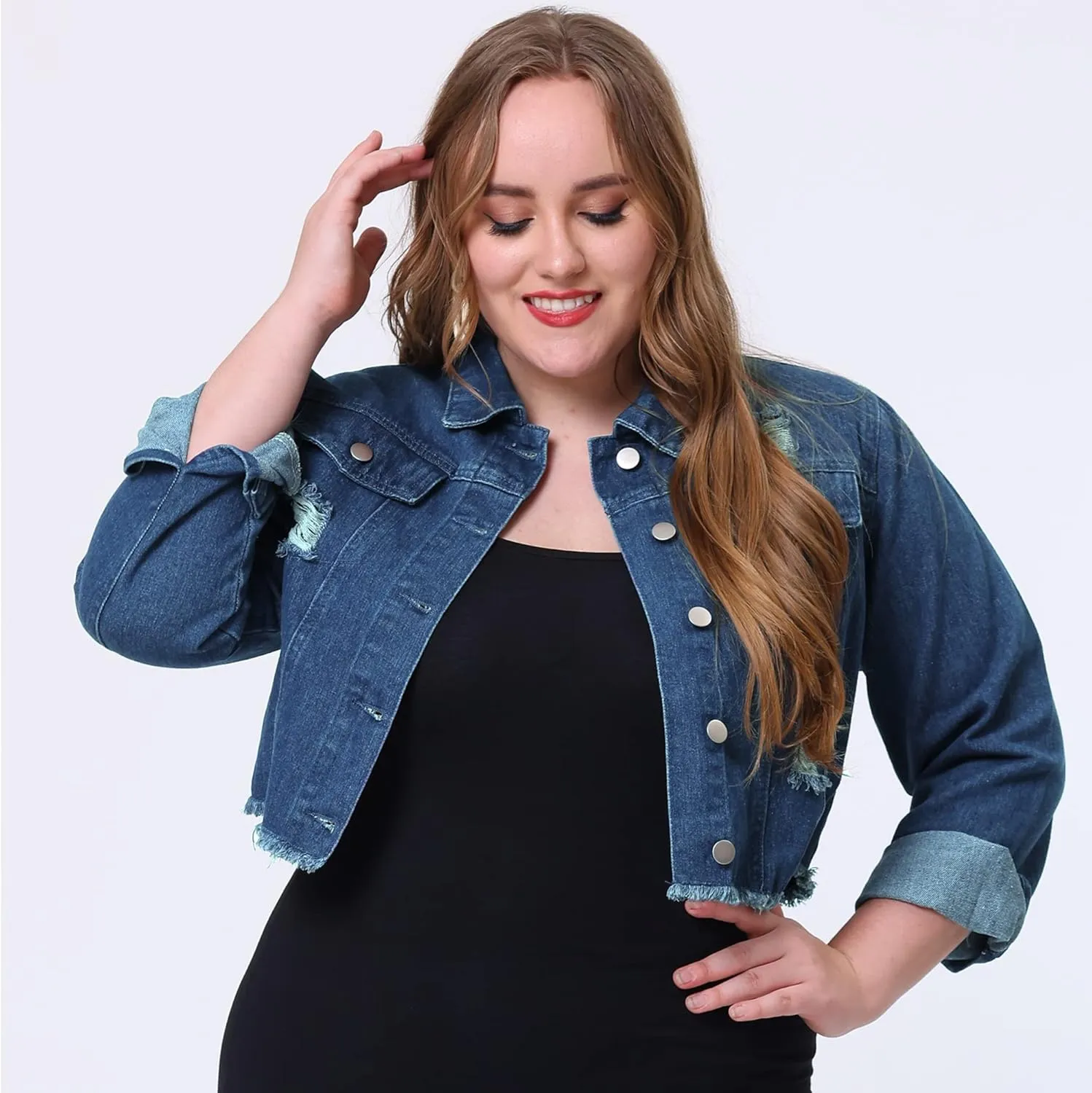 Agnes Orinda Women's Plus Size Denim Jackets Washed Button Front Long Sleeve Ripped Frayed Crop Denim Jacket