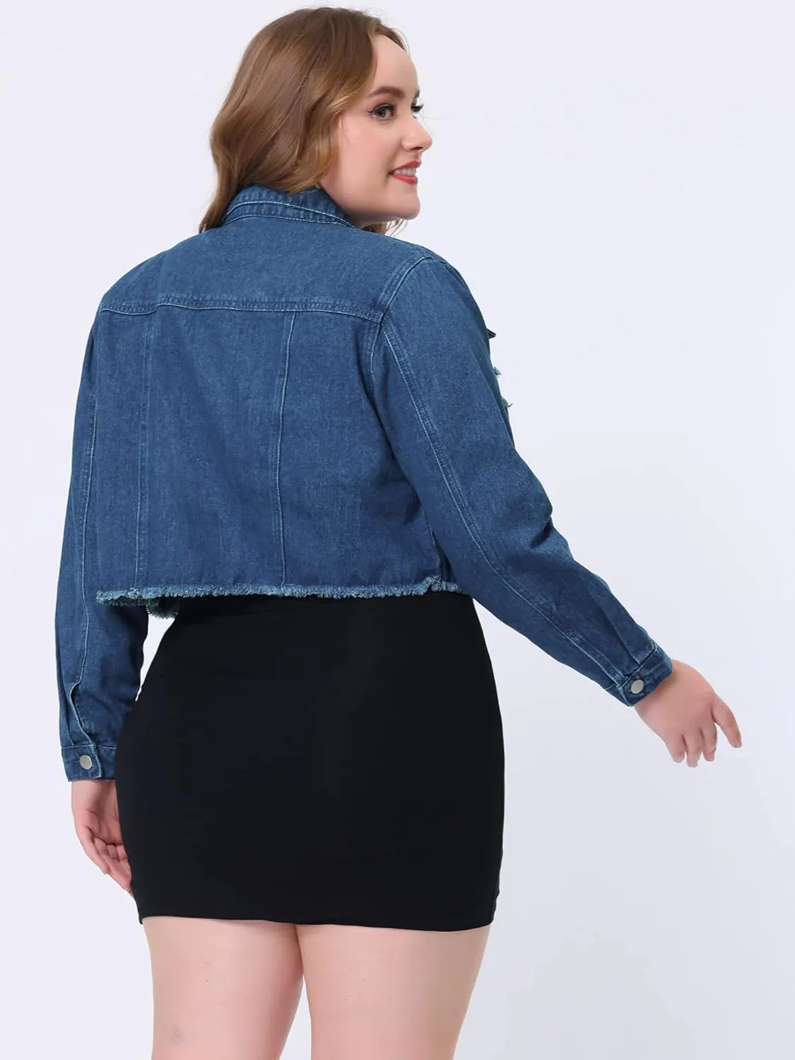 Agnes Orinda Women's Plus Size Denim Jackets Washed Button Front Long Sleeve Ripped Frayed Crop Denim Jacket