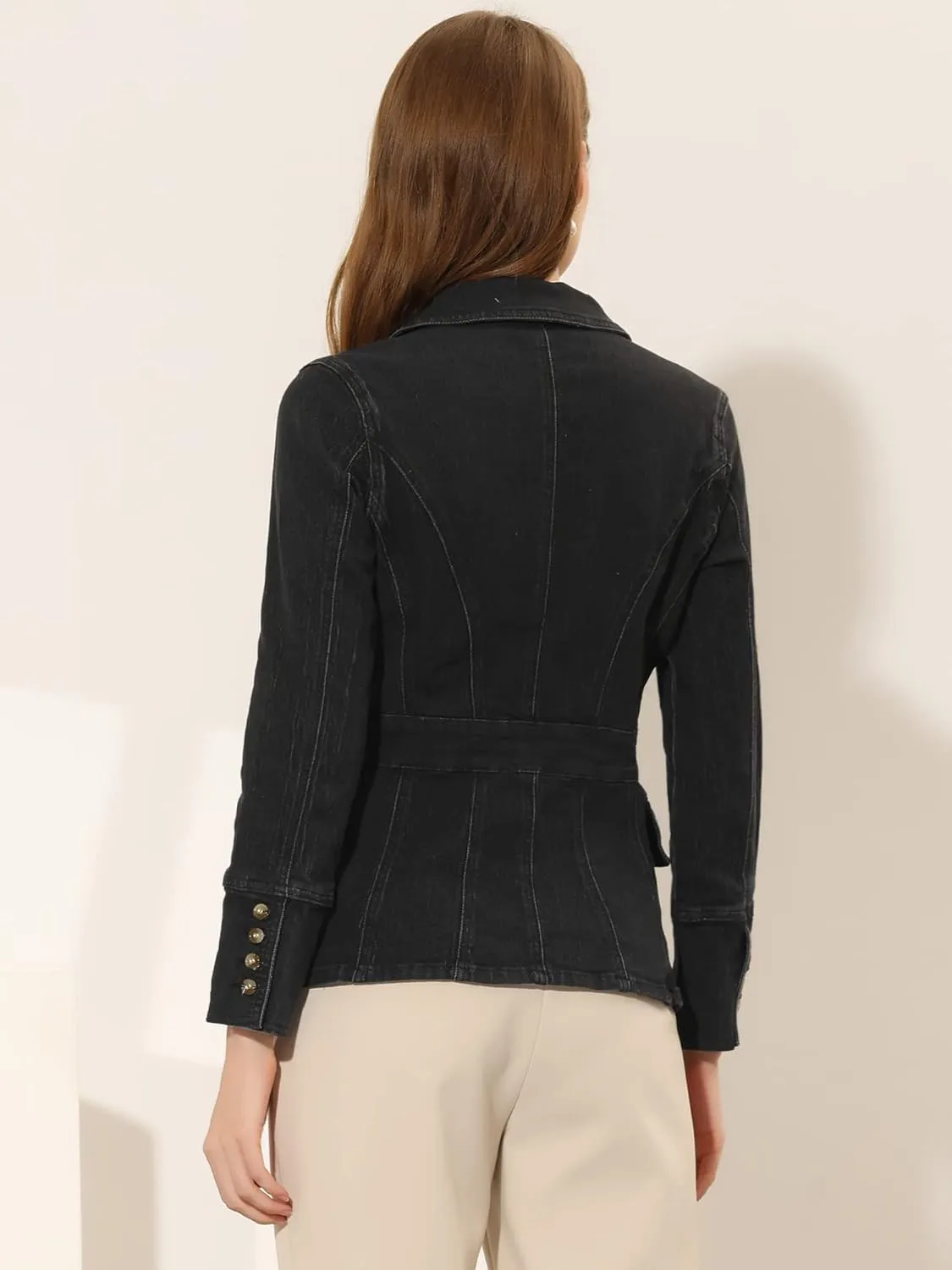 Allegra K Jean Blazer for Women's Lapel Notch Collar Long Sleeve Denim Jackets