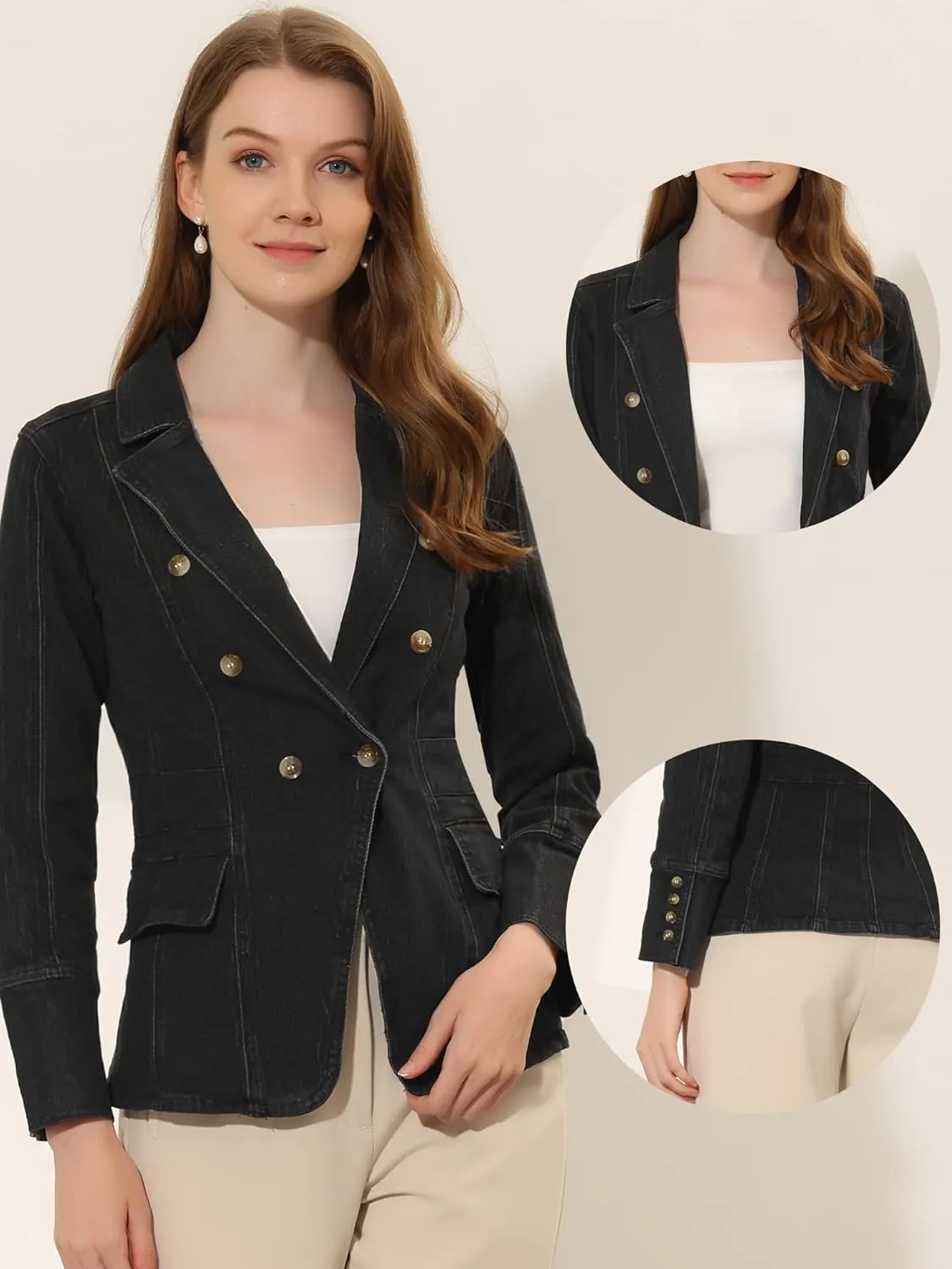 Allegra K Jean Blazer for Women's Lapel Notch Collar Long Sleeve Denim Jackets
