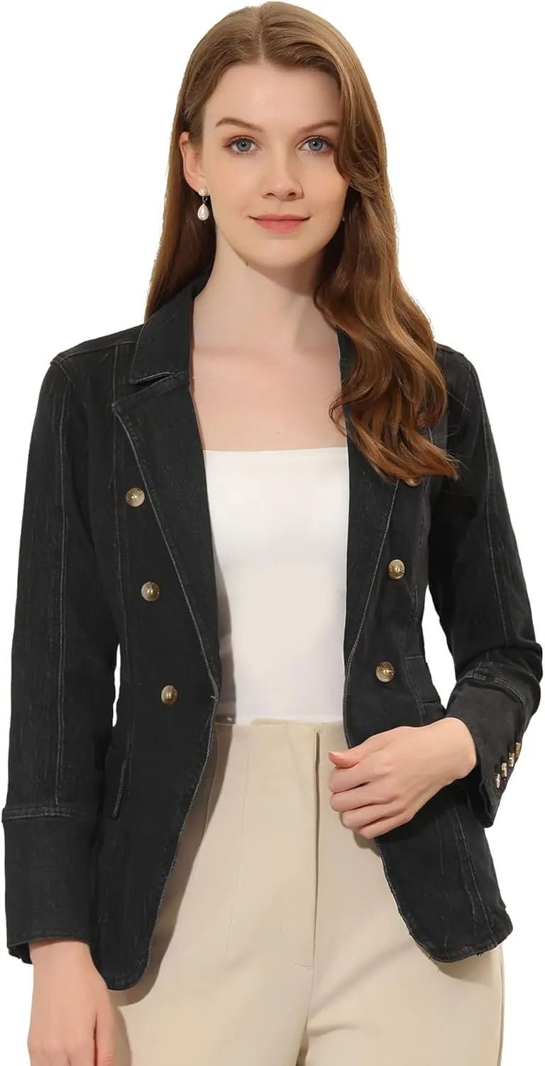 Allegra K Jean Blazer for Women's Lapel Notch Collar Long Sleeve Denim Jackets