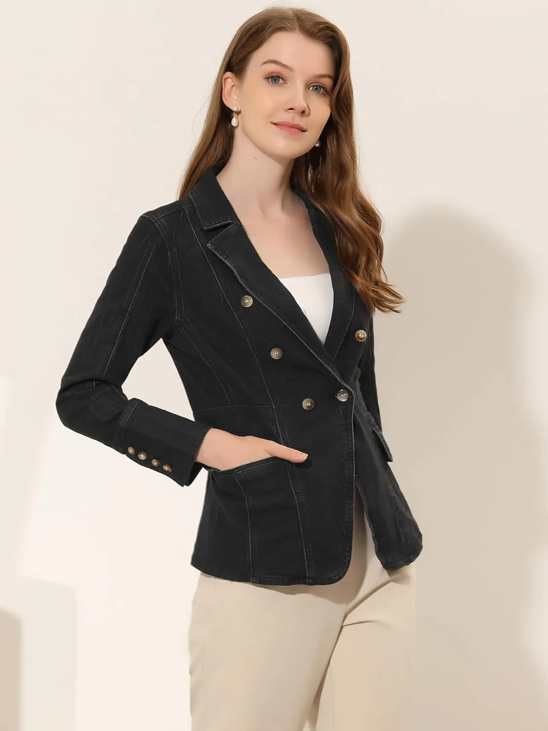 Allegra K Jean Blazer for Women's Lapel Notch Collar Long Sleeve Denim Jackets