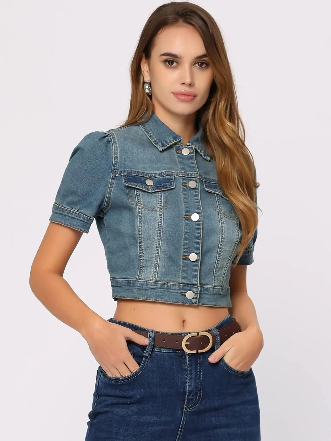 Allegra K Women's Casual Denim Jackets Button-Down Puff Sleeve Jean Crop Jacket