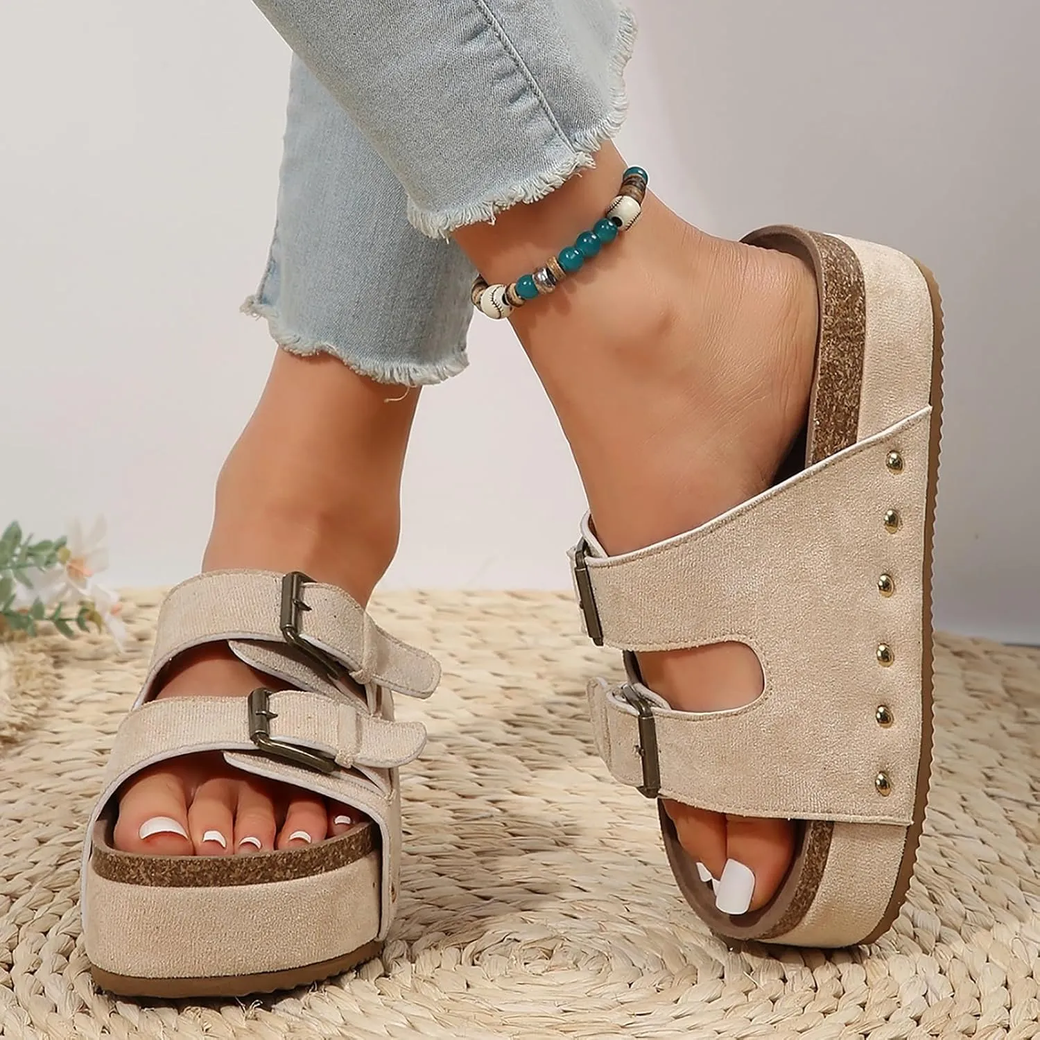AMDBEL Sandals for Women 2024,Women's Platform Sandals Slip on Mules Casual Buckle Straps Summer Slippers Shoes