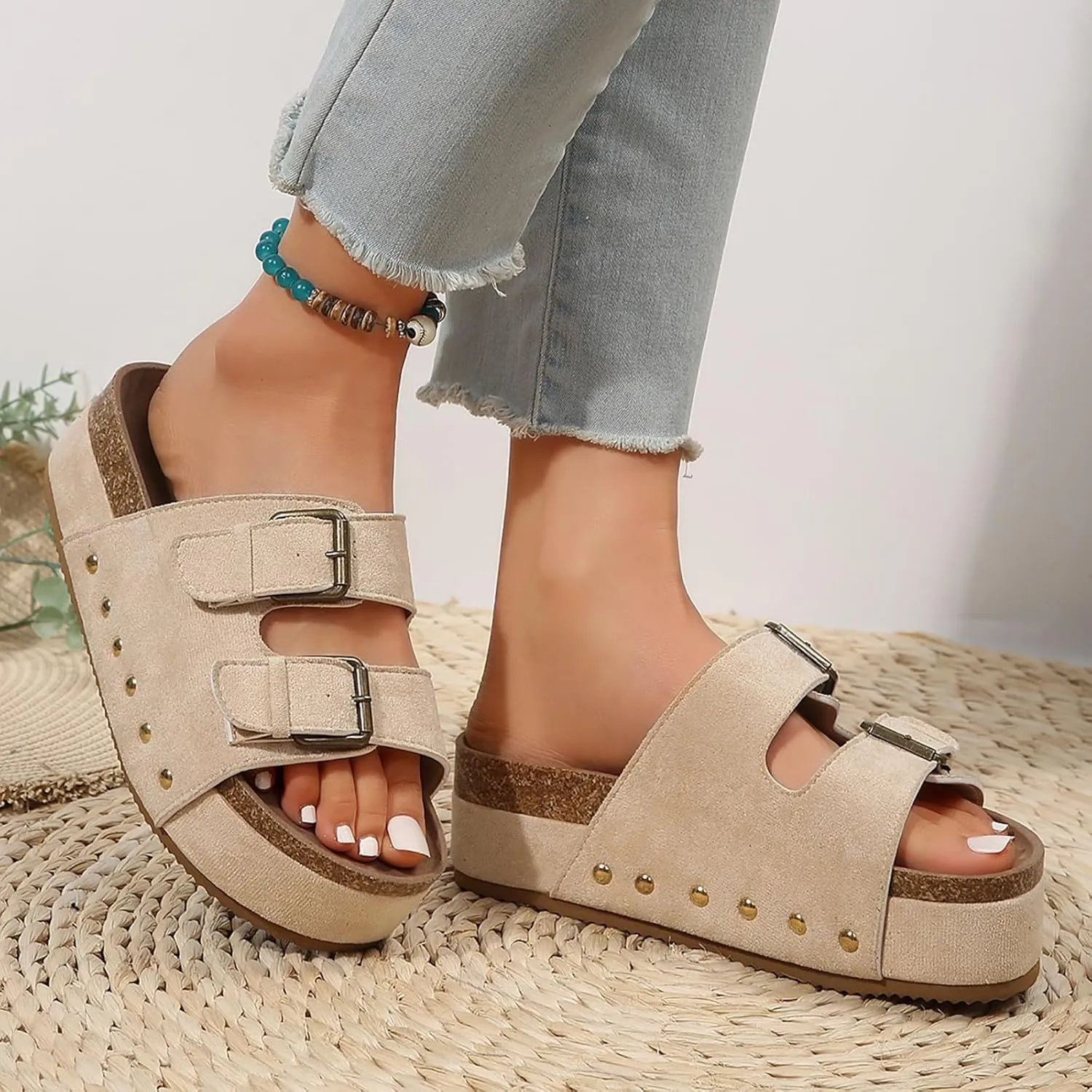 AMDBEL Sandals for Women 2024,Women's Platform Sandals Slip on Mules Casual Buckle Straps Summer Slippers Shoes
