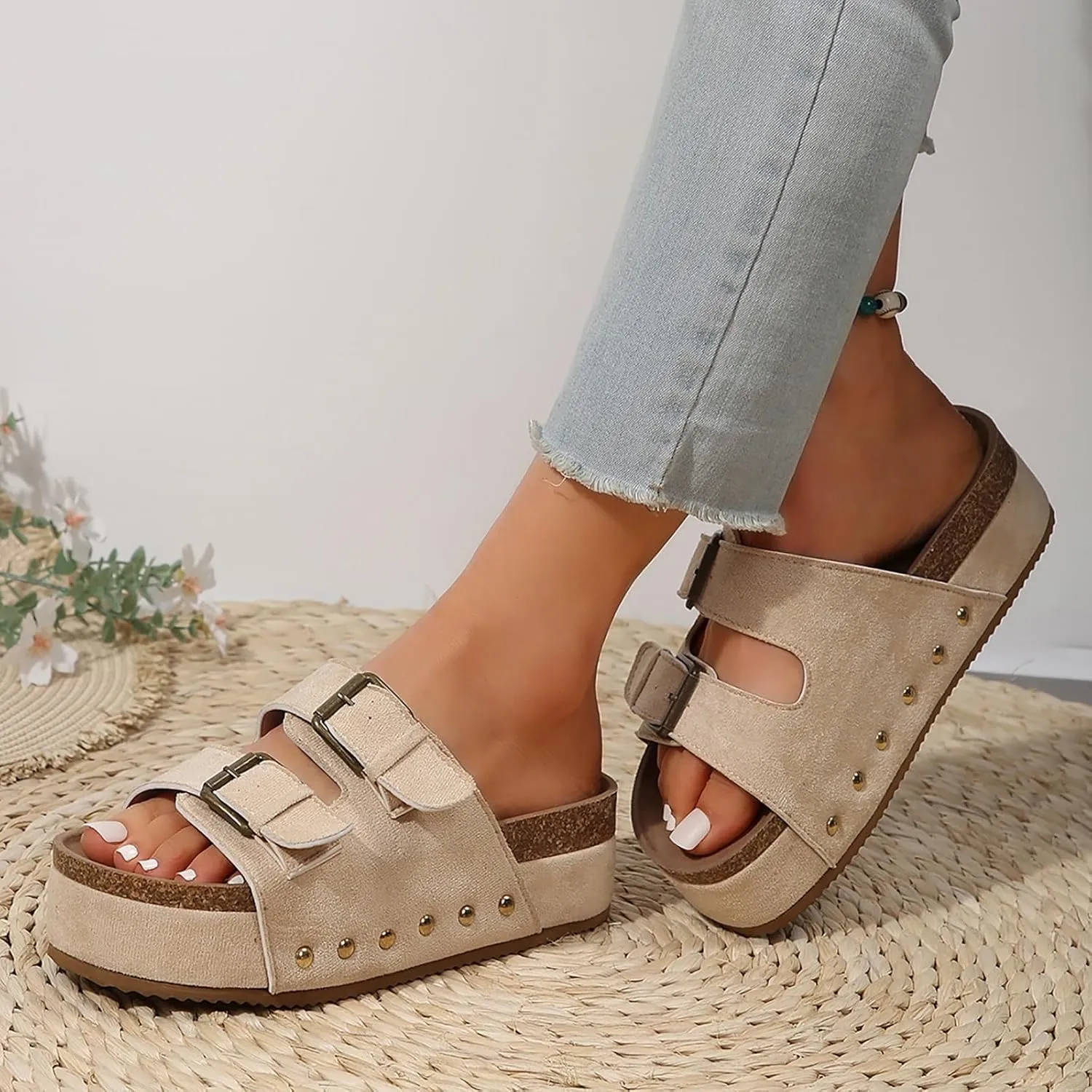 AMDBEL Sandals for Women 2024,Women's Platform Sandals Slip on Mules Casual Buckle Straps Summer Slippers Shoes
