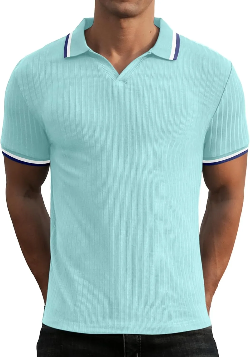 Askdeer Men's Muscle Polo Shirts V Neck Slim Fit Ribbed T Shirts Short/Long Sleeve Golf Collar Shirt Knit Casual Tee
