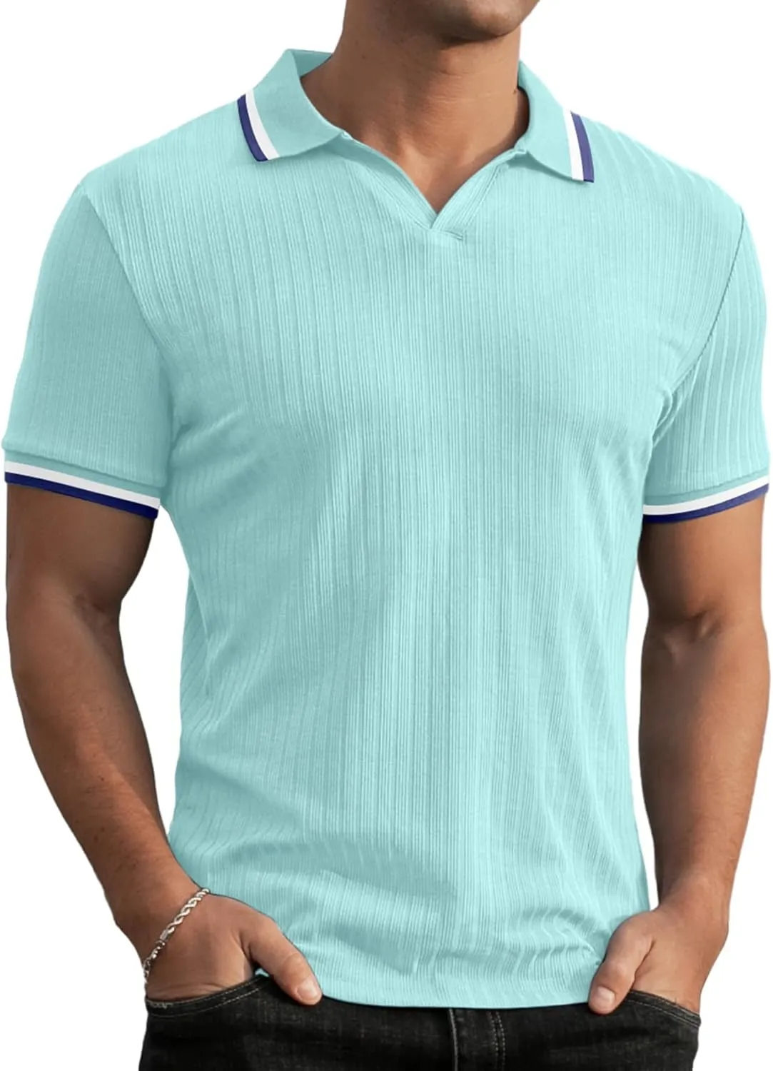 Askdeer Men's Muscle Polo Shirts V Neck Slim Fit Ribbed T Shirts Short/Long Sleeve Golf Collar Shirt Knit Casual Tee