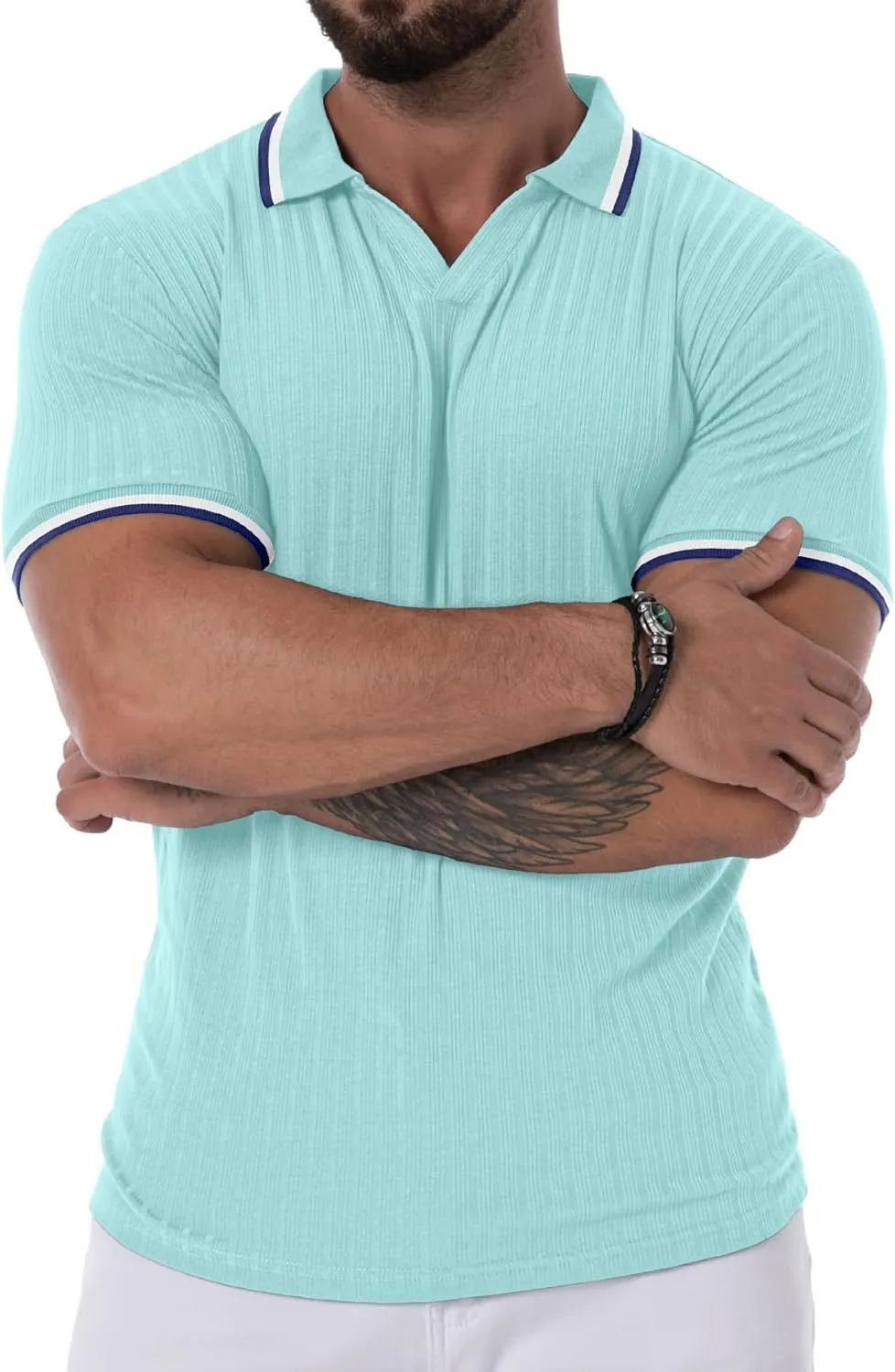Askdeer Men's Muscle Polo Shirts V Neck Slim Fit Ribbed T Shirts Short/Long Sleeve Golf Collar Shirt Knit Casual Tee