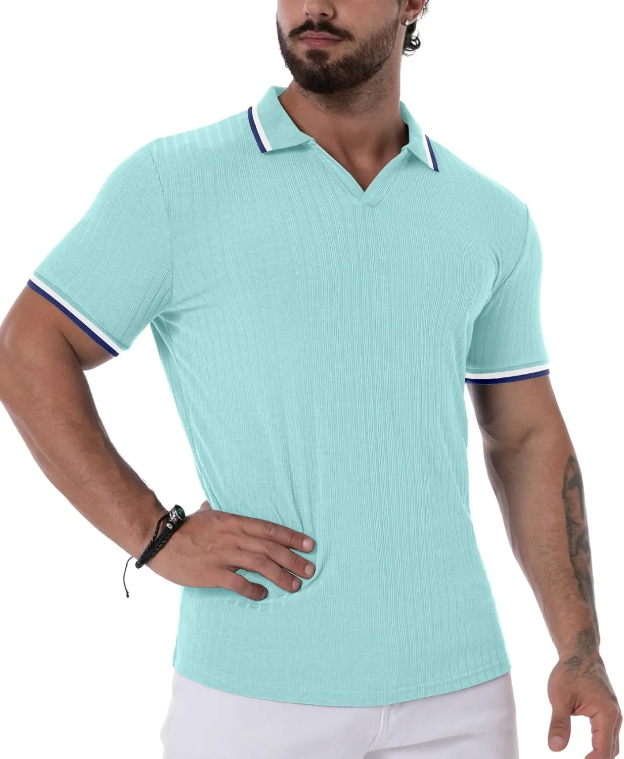 Askdeer Men's Muscle Polo Shirts V Neck Slim Fit Ribbed T Shirts Short/Long Sleeve Golf Collar Shirt Knit Casual Tee