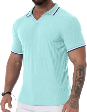 Askdeer Men's Muscle Polo Shirts V Neck Slim Fit Ribbed T Shirts Short/Long Sleeve Golf Collar Shirt Knit Casual Tee