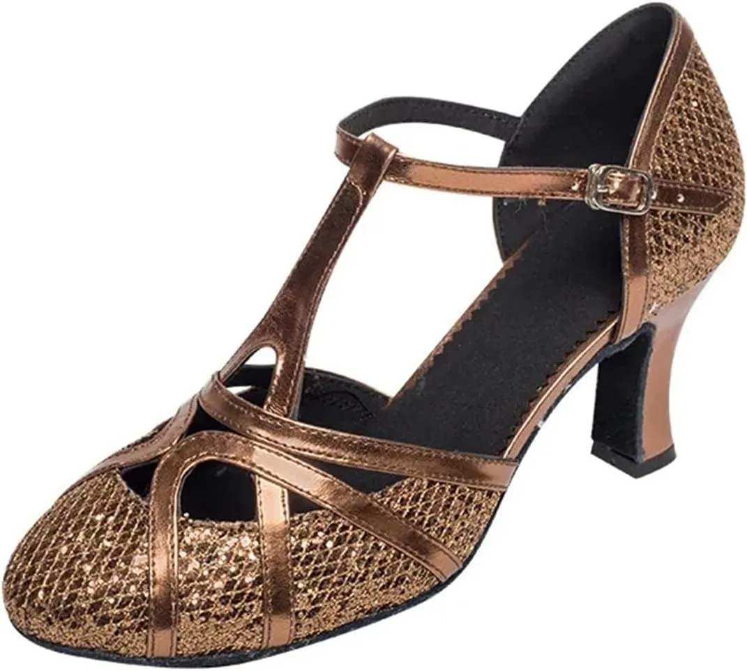Ballroom Dance Shoes For Women Glitter Closed Toe Modern Shoe Salsa Ballroom Tango Latin Shoes For Girls Shoes Sandals(Bronze 7 cm,40)