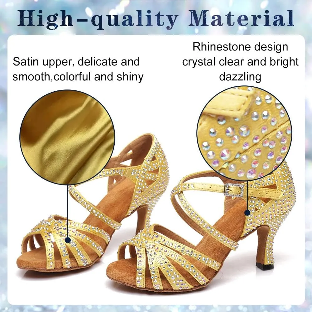 Ballroom Latin Dance Shoes for Women Rhinestone Open Toe Salsa Ballroom Performance Dance Heels