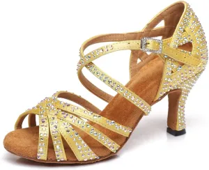 Ballroom Latin Dance Shoes for Women Rhinestone Open Toe Salsa Ballroom Performance Dance Heels